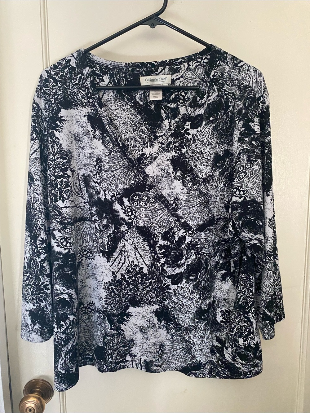 Coldwater Creek Black & White Printed Wrap-Style Long Sleeve Top